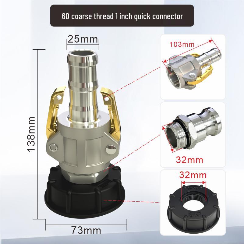 IBC Tote Quick Connector: Aluminum Alloy, Coarse Thread to 1", 1.5", 2" Insert Pipe Connector.