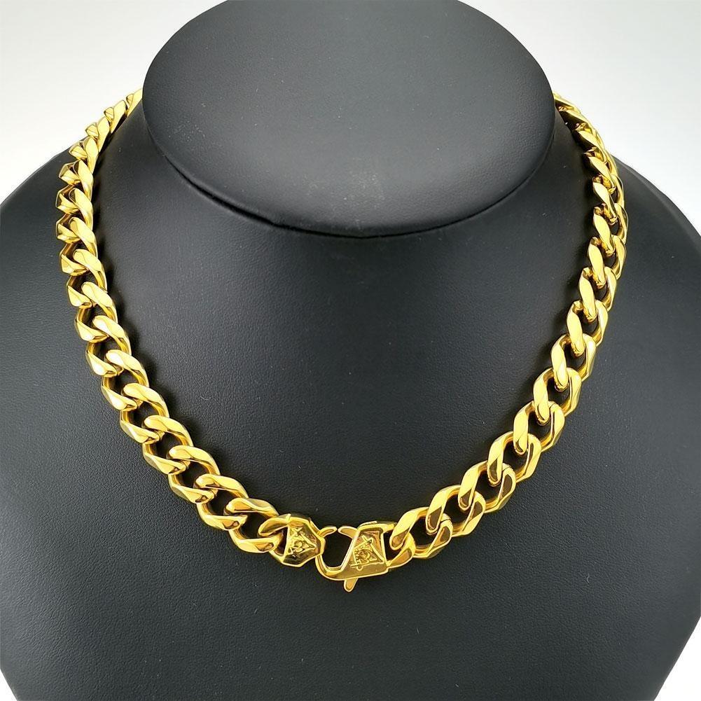 Necklace Mens Women Freemasonry Masonic Mason Stainless Steel 11mm Width Yellow