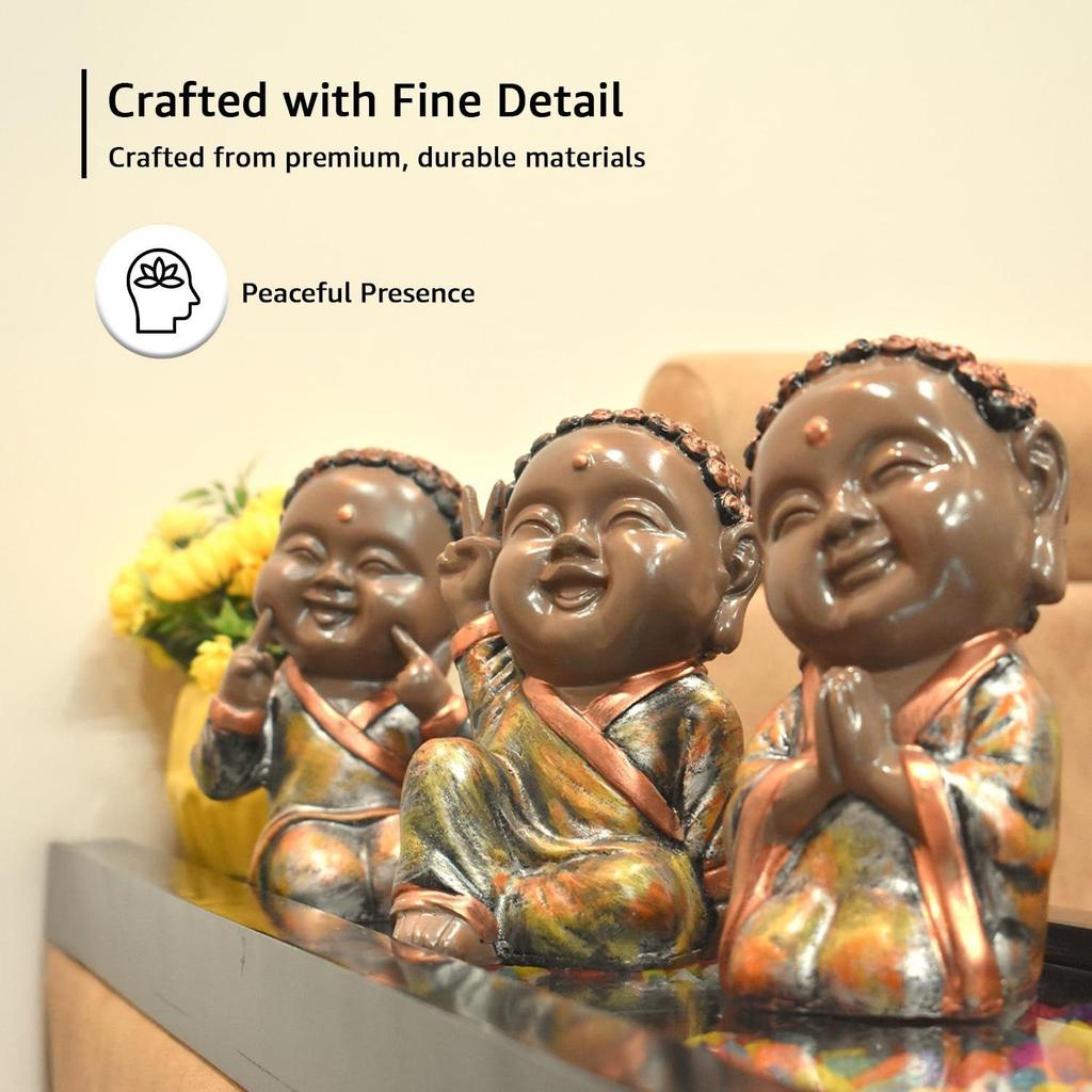 Adorable Trio of Monk Statues | A Symbol of Serenity & Wisdom | Brings Peace & Charm To Any Setting – Pack of 3,Multicolor