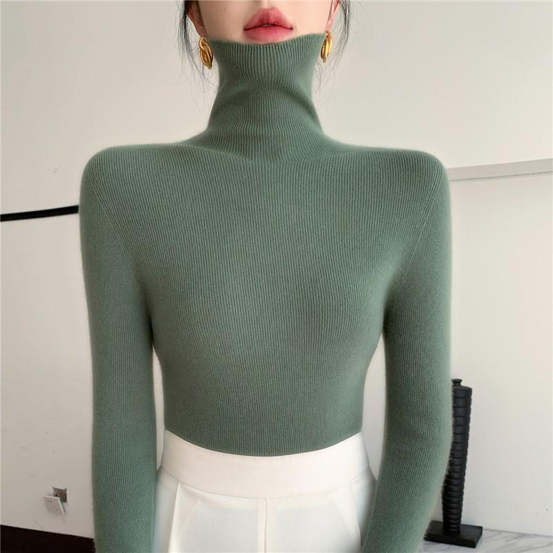 Women's Black Wool Semi-High Neck Base Layer Sweater - Soft, Comfortable, Slimming Fit for Autumn/Winter.