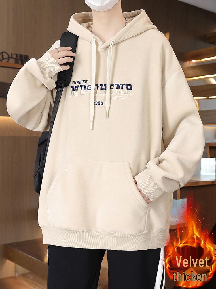 Men's 2025 Style Double-Sided Fleece Hoodie, Thickened Inner Layer, Solid Color, Trendy Winter Outerwear for Teens with Hood
