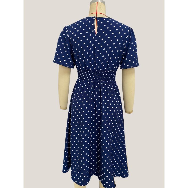 Damen Frühling und Sommer Neue Elegante Polka Dot Kurzarm Kleid Bereich Taille Schlank Kleine Schaukel A-linie Kleid Frauen