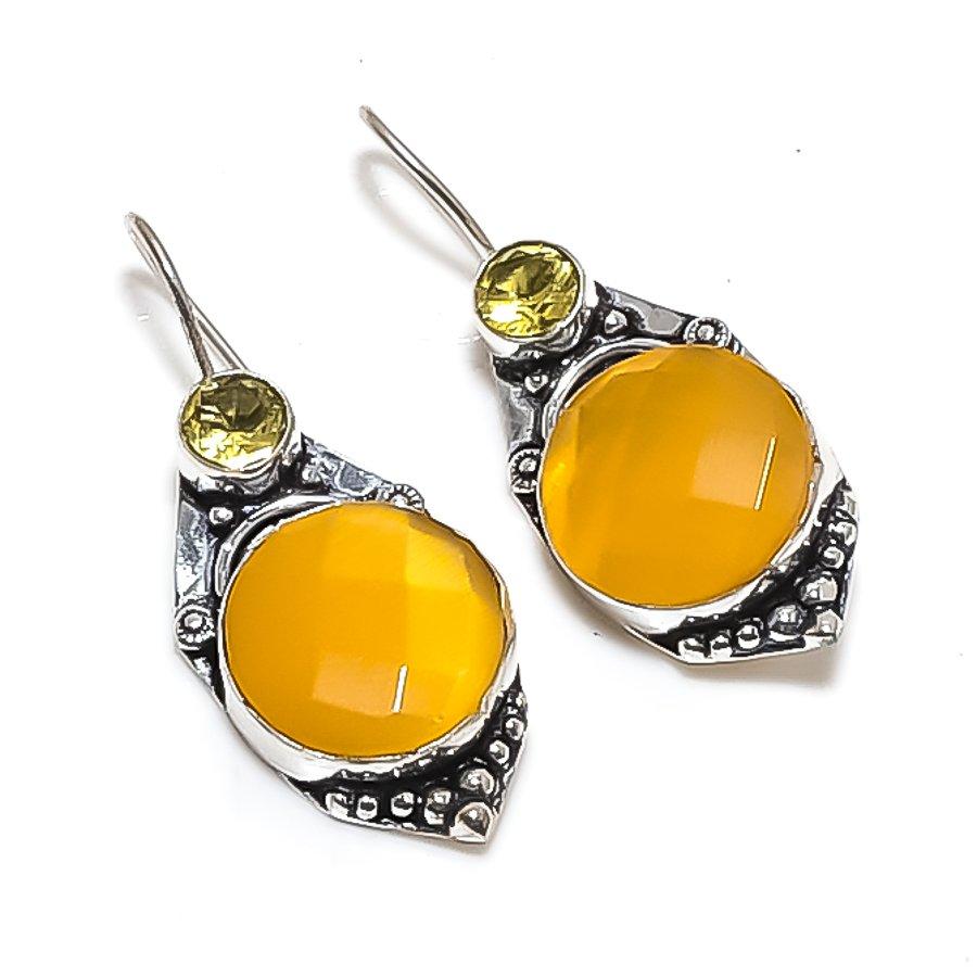 Yellow Onyx, Citrine Gemstone 925 Sterling Silver Jewelry Earring 1.73"