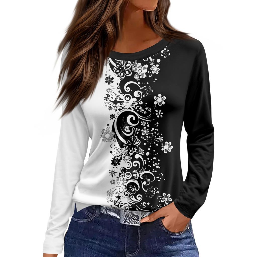 Dames casual T-shirt met split aan de zoom, ronde hals, lange mouwen en losse print.