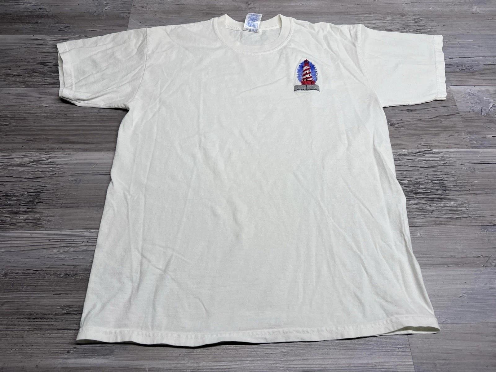 Vintage Lighthouse Embroidered T-Shirt Short Sleeve White Nautical Tee Sz Medium 2XL