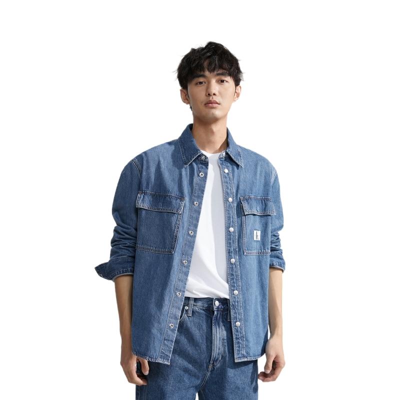 Calvin Klein Casual Minimalist Fabric Label Patch Pocket Cotton Denim Long Sleeve Shirt Men shirts Light-Blue J325545