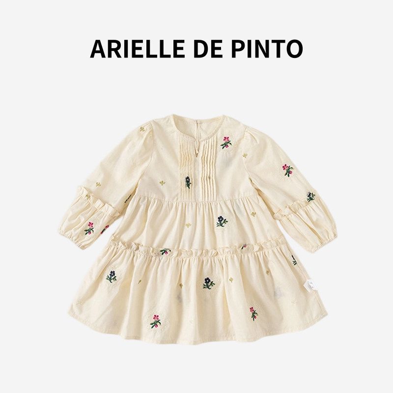 French Arielle De Pinto Girls  Dress Autumn Korean Style Fashionable Princess Dress Girls  Embroidered Dress Beige 80