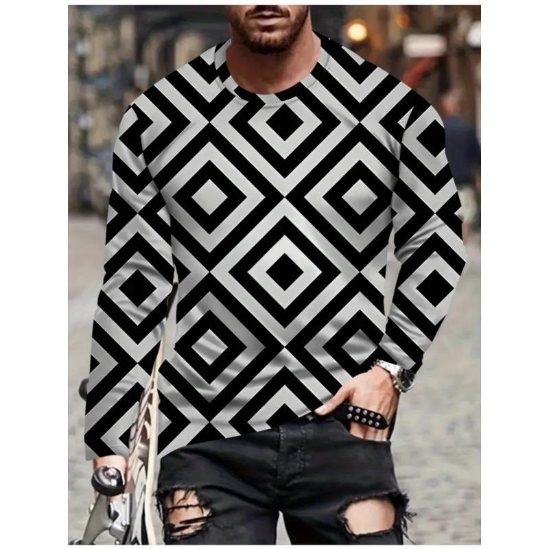 T Shirts for Man Geometric Block 3D Print Autumn Long Sleeve T-Shirt Pullover Casual Male Tops Street Lightweight Men's Clothes