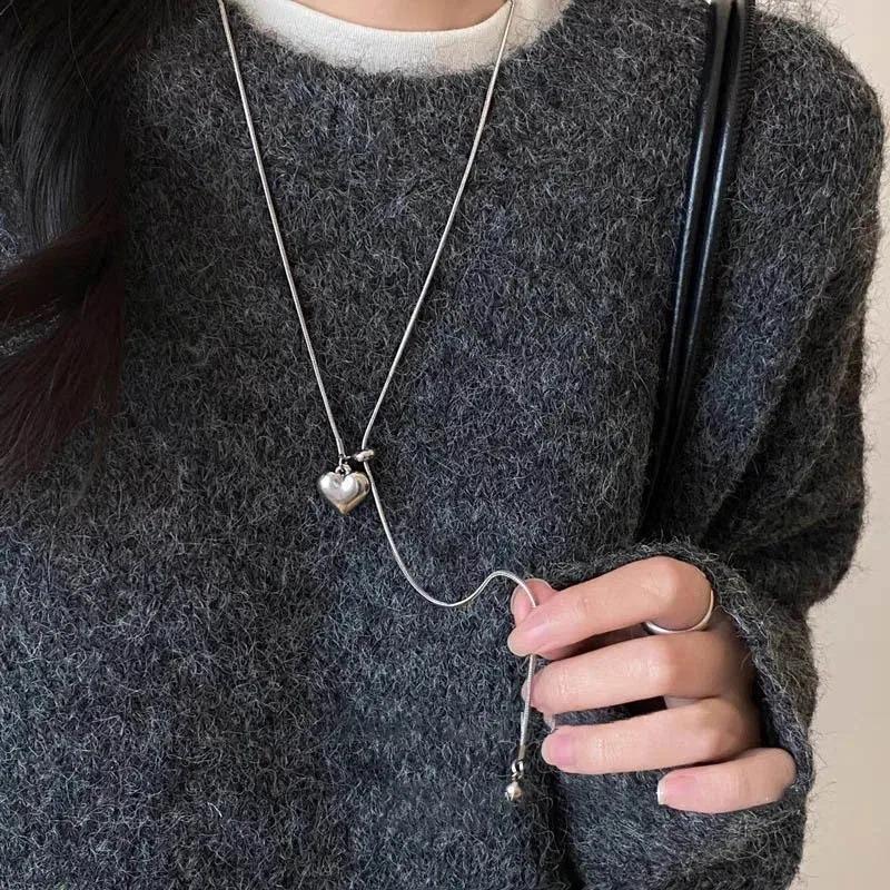 Stainless Steel Exquisite Long Necklace with Heart Pendant Adjustable Chain Sweater Neck Jewelry for Women Accessories Gifts