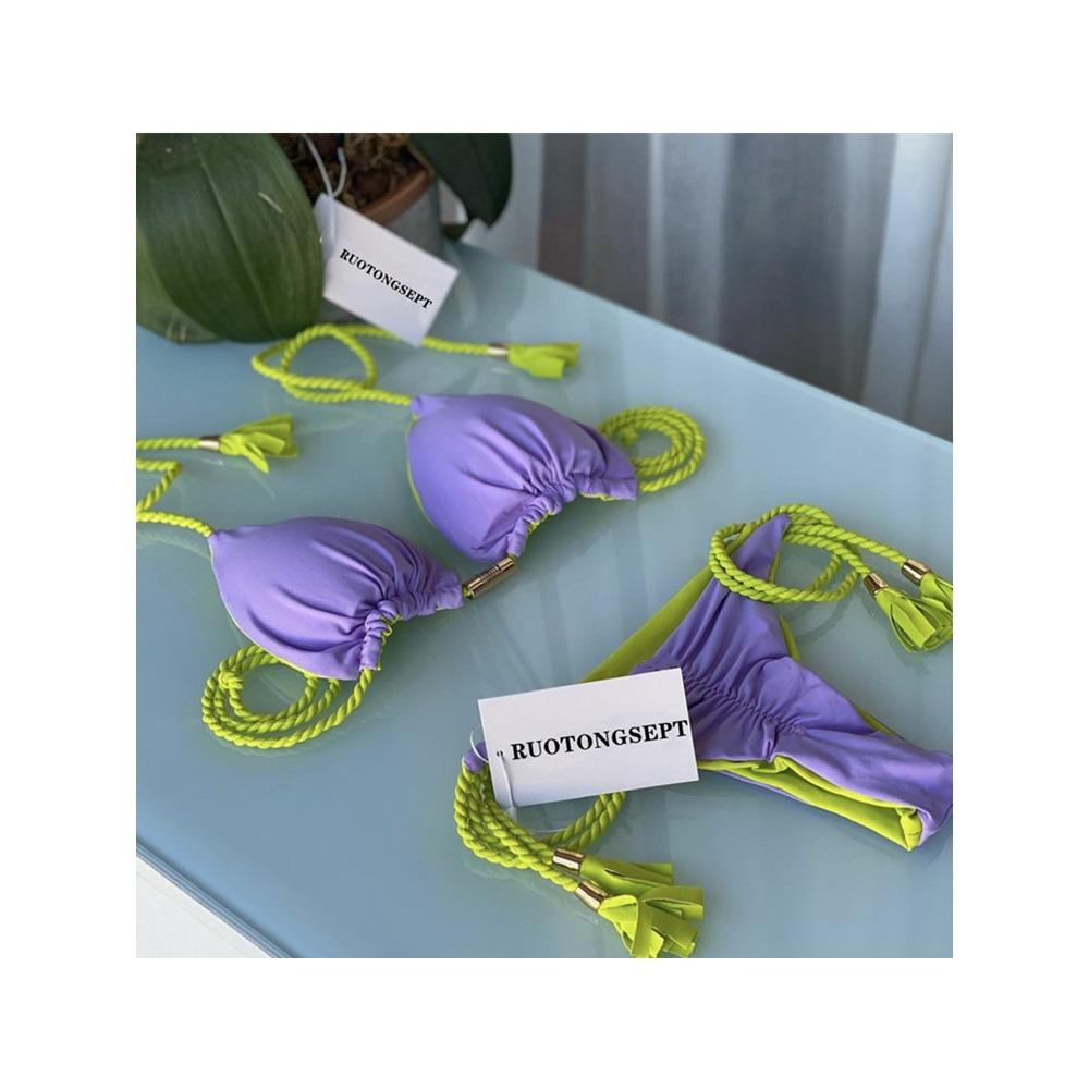 Costum de baie european și american geantă triunghiulară sexy pentru femeie Split Culoare uni Bikini sexy cu frânghie împletită multicoloră