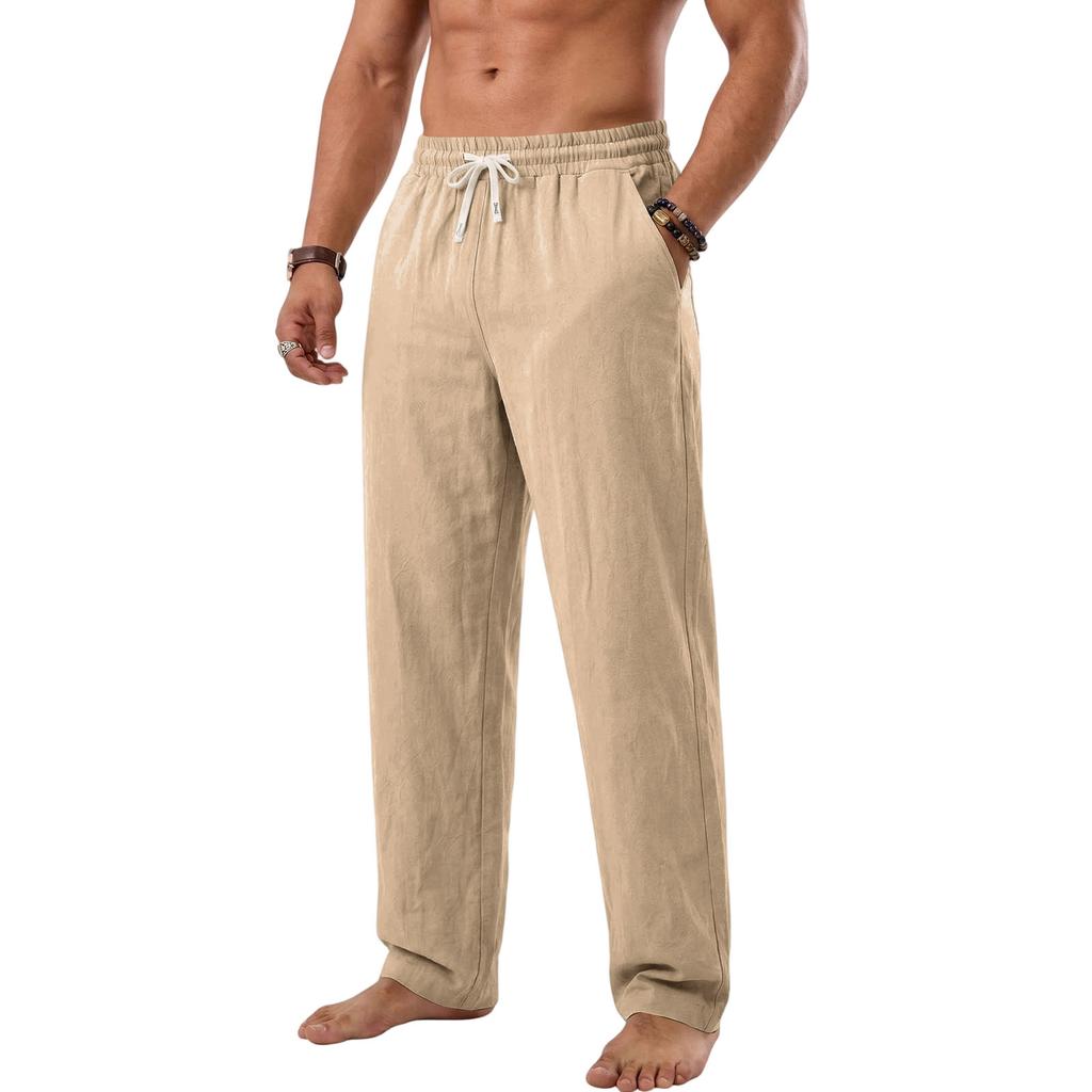 Men's Casual Linen Drawstring Waist Pants Straight Leg Long Trousers for Beachwear and Leisure Four Seasons Suitable