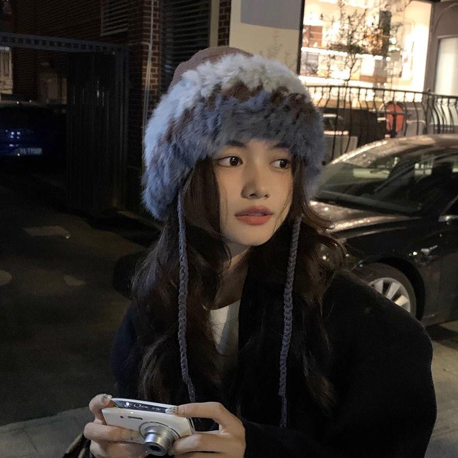 Rabbit Fur Knitted Hat Women's Autumn and Winter Splicing Warm Wool Hat Cold-proof Cover Foreign Gas Plush Ear Protection Head Hat