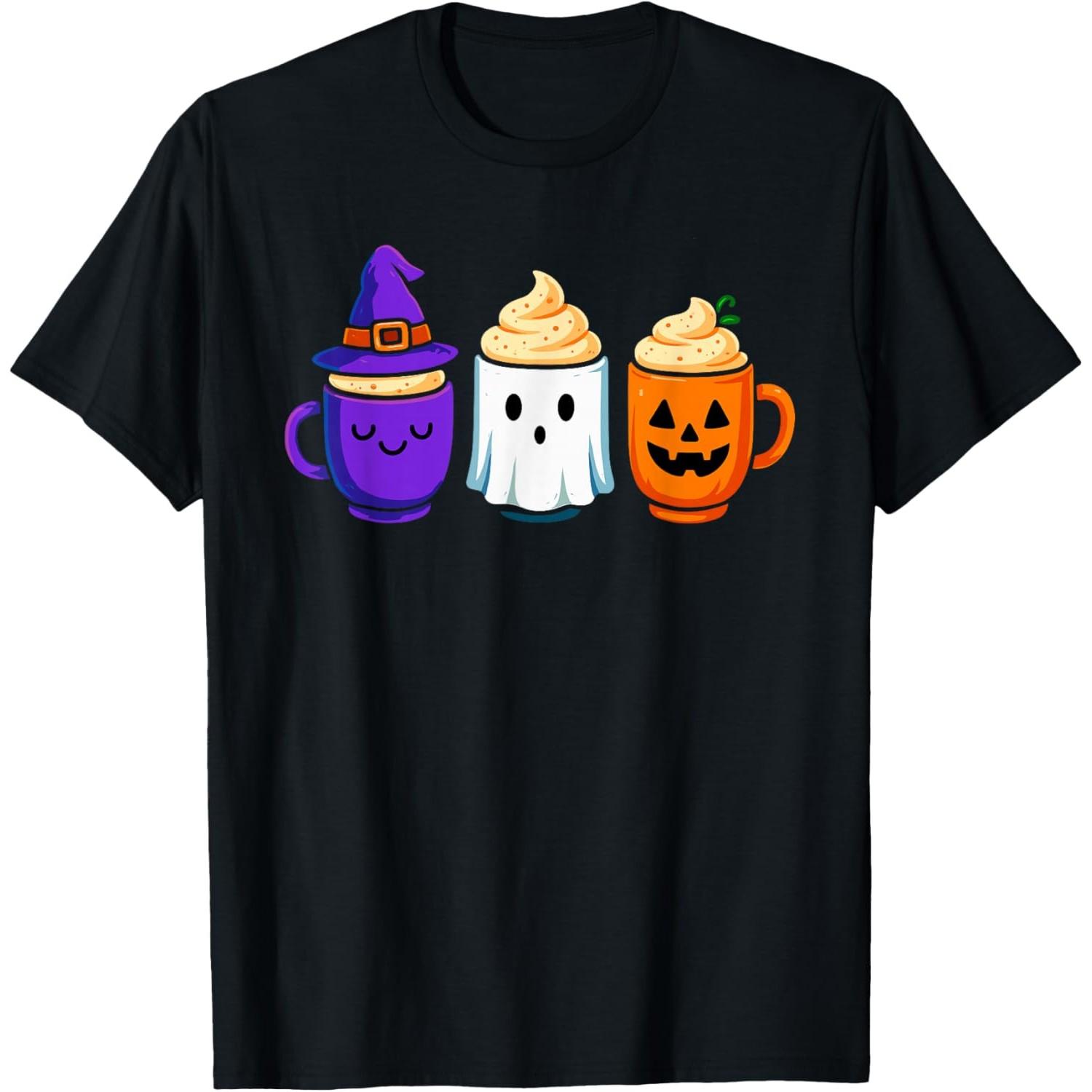 Cute Pumpkin Ghost Witch Coffee Graphic T-Shirt Funny Halloween Holiday Cotton Tee S