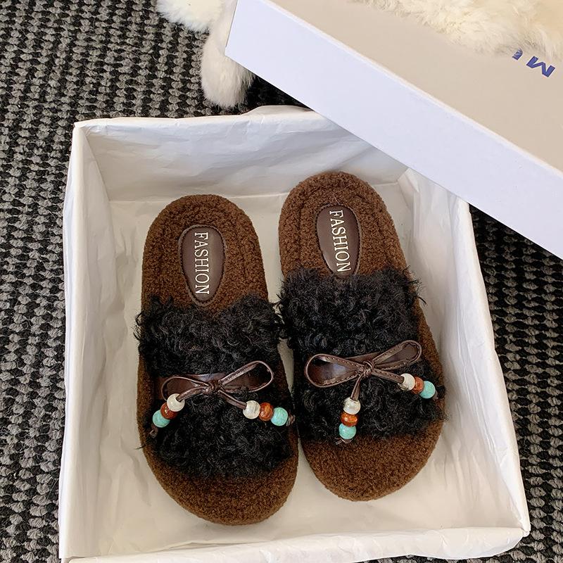 Korejské dámské pantofle s tlustou podrážkou a chlupatým svrškem pro nošení 2025 nové podzimní a zimní bavlněné pantofle s měkkou podrážkou a barevným provedením