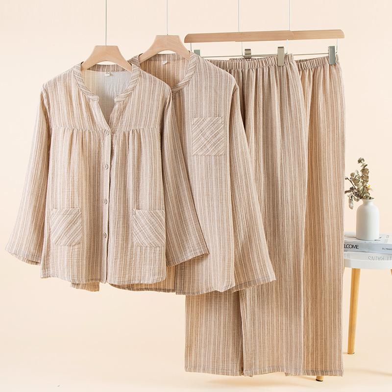 10 pure cotton double-layer gauze pleated texture couple long-sleeved pajamas loungewear plain and elegant leisurely set
