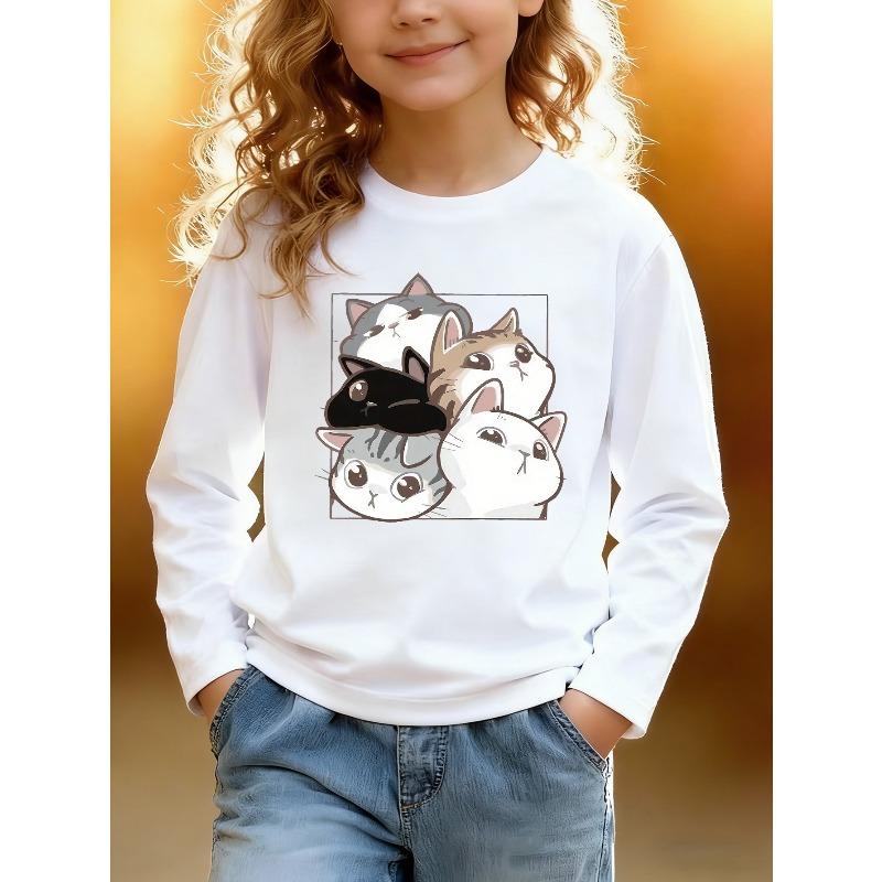 European Sizes Kids' Cartoon Print Top, Fashion Kids' Cartoon Kitten Pattern Long Sleeve T-Shirt, Cartoon Character, Suitable for Daily Casual
