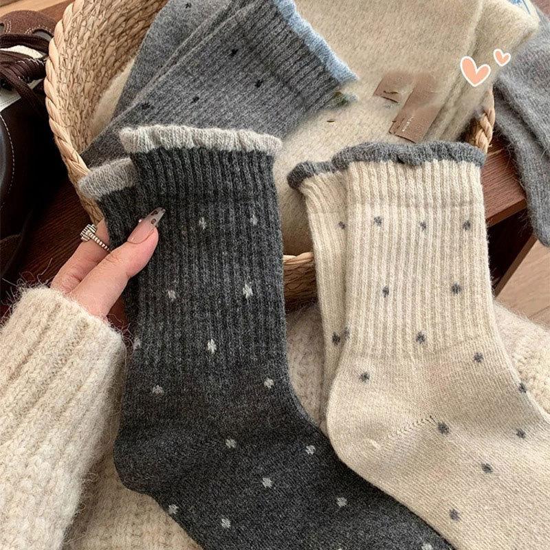 Lace tube socks women's stockings thermal socks gray cotton socks versatile women's socks Trendy Polka Dot Crew Socks Color-block Cuff Casual Socks