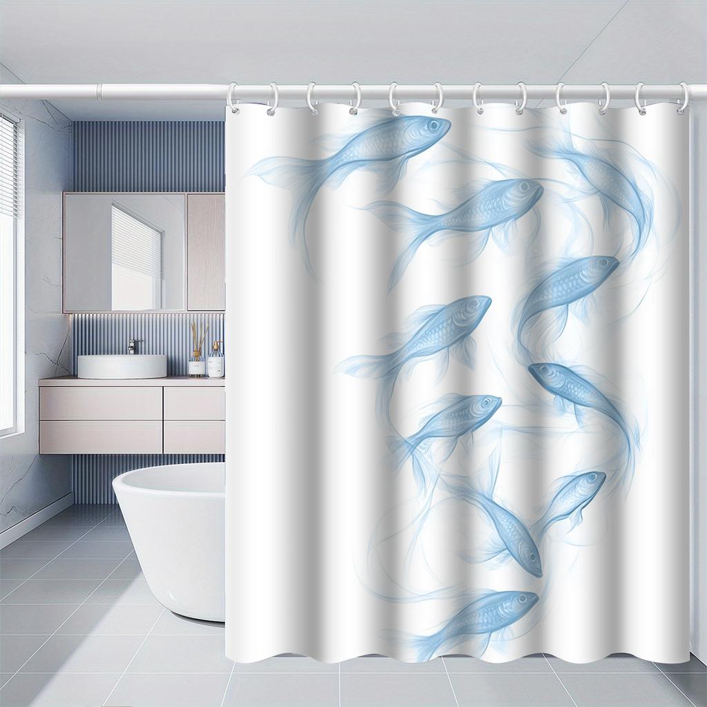 Watercolor Light Blue Fish School Shower Curtain 1Pc With 12 Hooks For Bathroom Home Decor Polyester 70.8X70.8 Inch