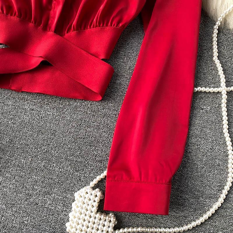 Spring French Design Sense Elegant Shirt Women Aesthetic Elastic Belt Waist Slim Short Blouse Female New Fashion Solid Retro Shirt Joker