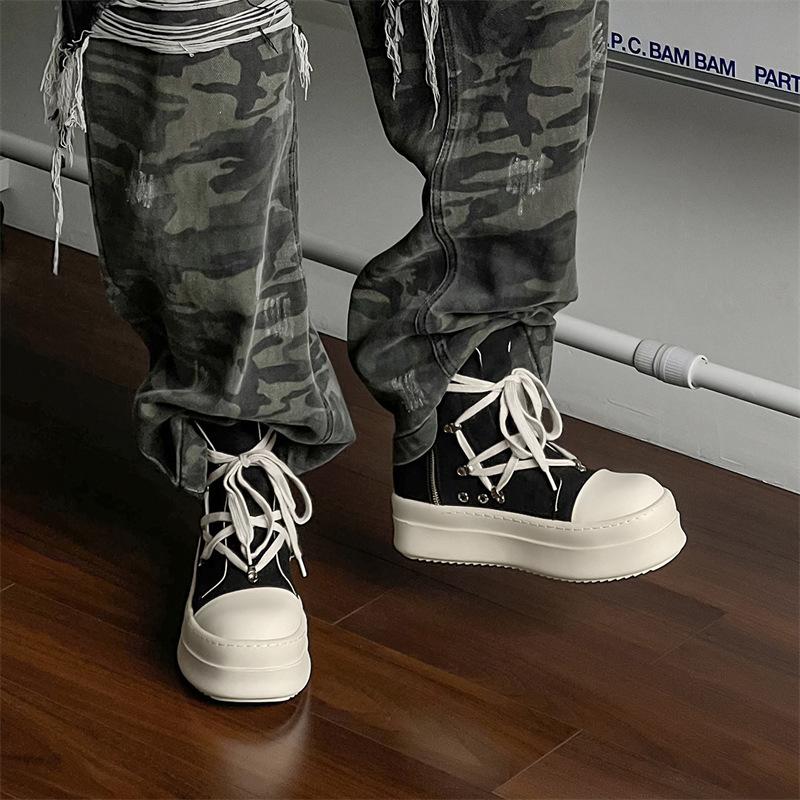 New European and American short boots high-top canvas breathable black and white personalized thick bottom thickening and orgasm