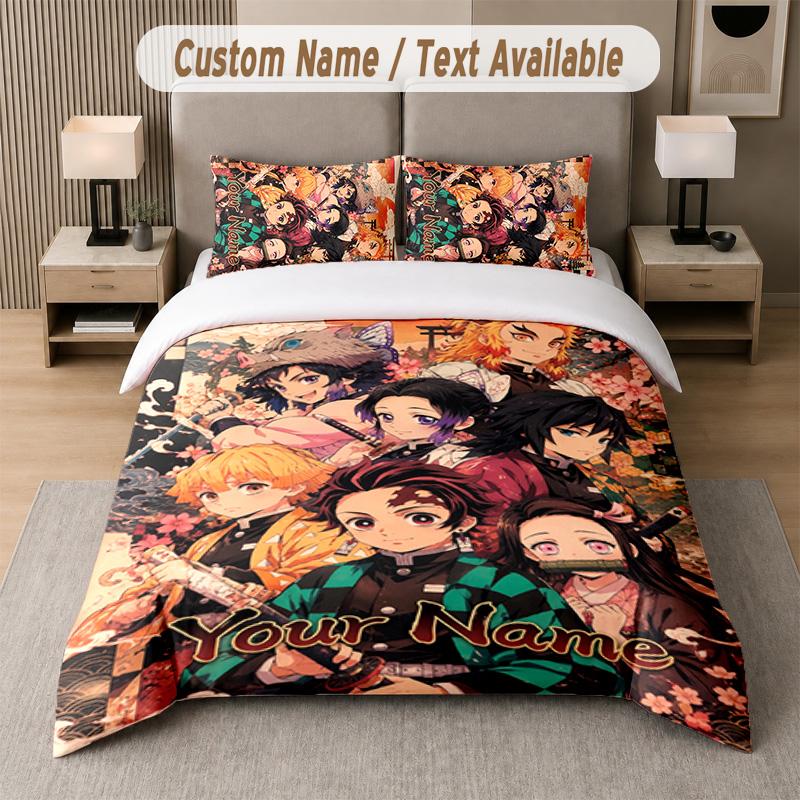 Demon Slayer 3Pcs Bedding Set, Personalized Custom Name Text, 1 Duvet Cover & 2 Pillowcases For Bedroom