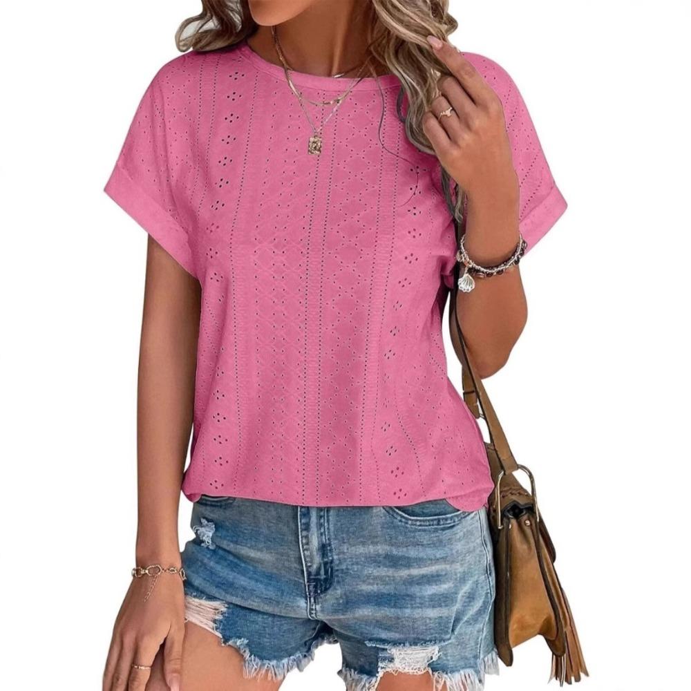 Top Eyelets Summer Spring Curved Hem, Casual Women's Short Sleeved Fashionable T-shirt Beach Vacation Short Style