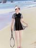 Women's Patchwork Slimming One-Piece Swimsuit - Elegant and Conservative Swimwear for Vacation or Hot Springs
