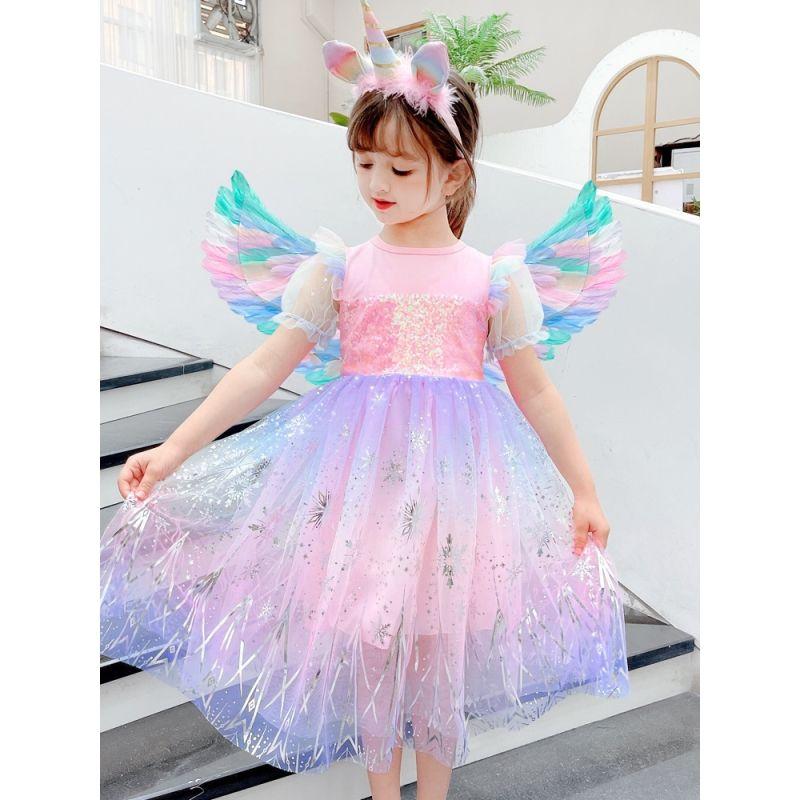 Girls Fashionable Unicorn Winged Dress: Summer Children s Tulle Princess Dress 110