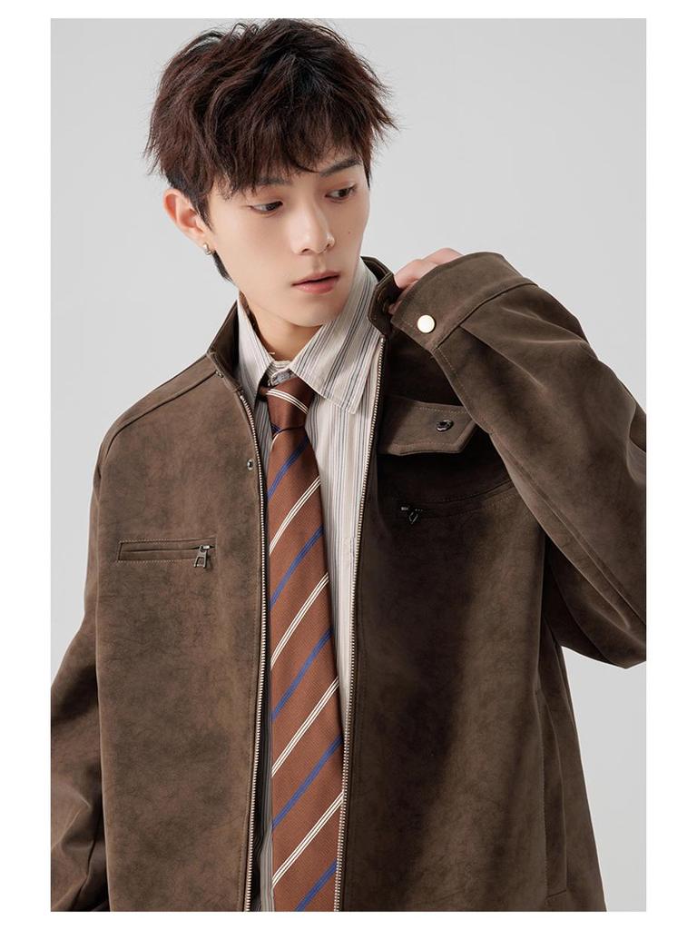 Men's Retro American Tie-Dye PU Leather Jacket - Warm, Trendy, Stand-Up Collar for Autumn