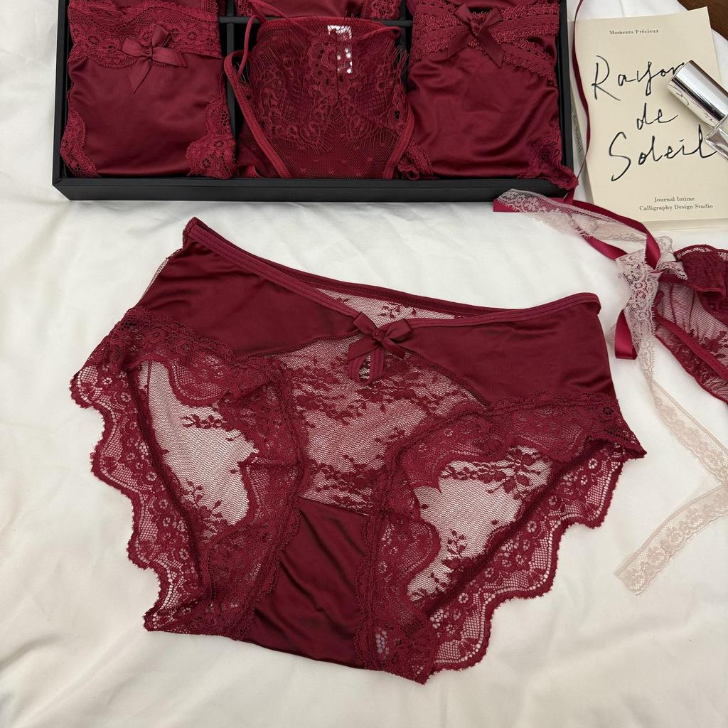 Elegant French Red Lace Low-Waist Thongs: Sexy & Festive Women's Wedding Panties