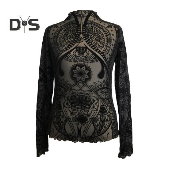 Damen Tops Rundhals Langarm Slim Fit Frühling Herbst Pullover Tops Durchsichtiges geometrisches Spitzenblumennetz T-Shirt