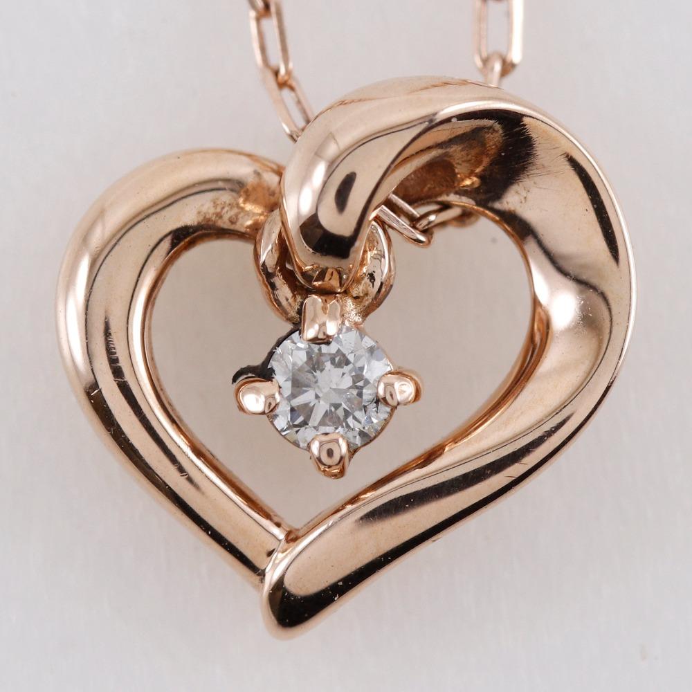 4℃ heart Necklace K10 Pink Gold/diamond heart 1.2g Women Used