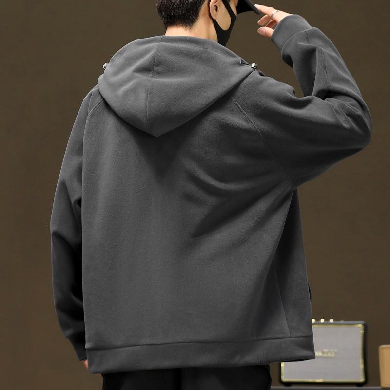 Autumn and Winter Polar Fleece Hooded Cardigan Sweatshirt Solid Color Simple Men's Zipper Jacket Top