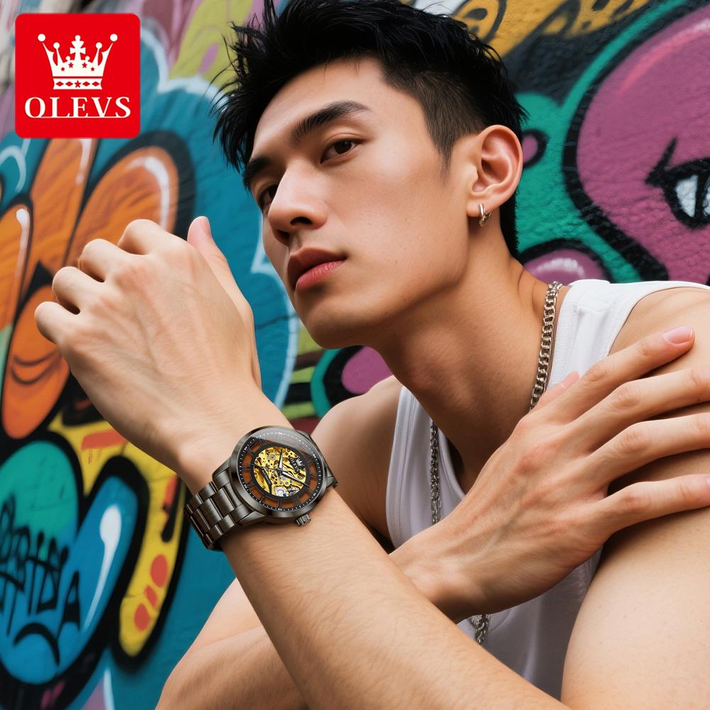 OLEVS Mens Watch Skeleton Automatic Mechanical Watch Stainless Steel Luminous Watches For Man Original Luxury Business Gifts