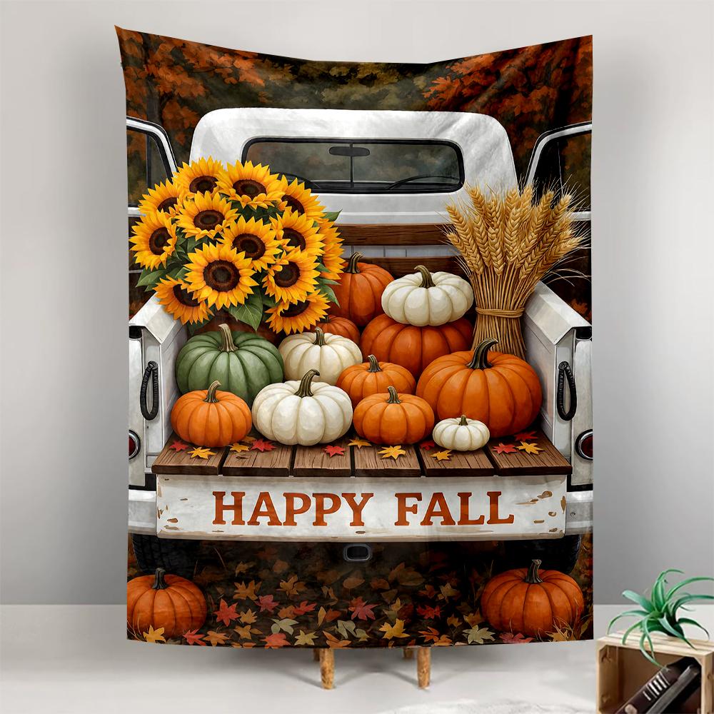 Vintage Truck with Fall Pumpkins and Sunflowers Patterned tapestry for bedroom and living room home decor