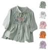 Women's Retro Loose Fit Linen Cotton Blouse With Buttons And Embroidery