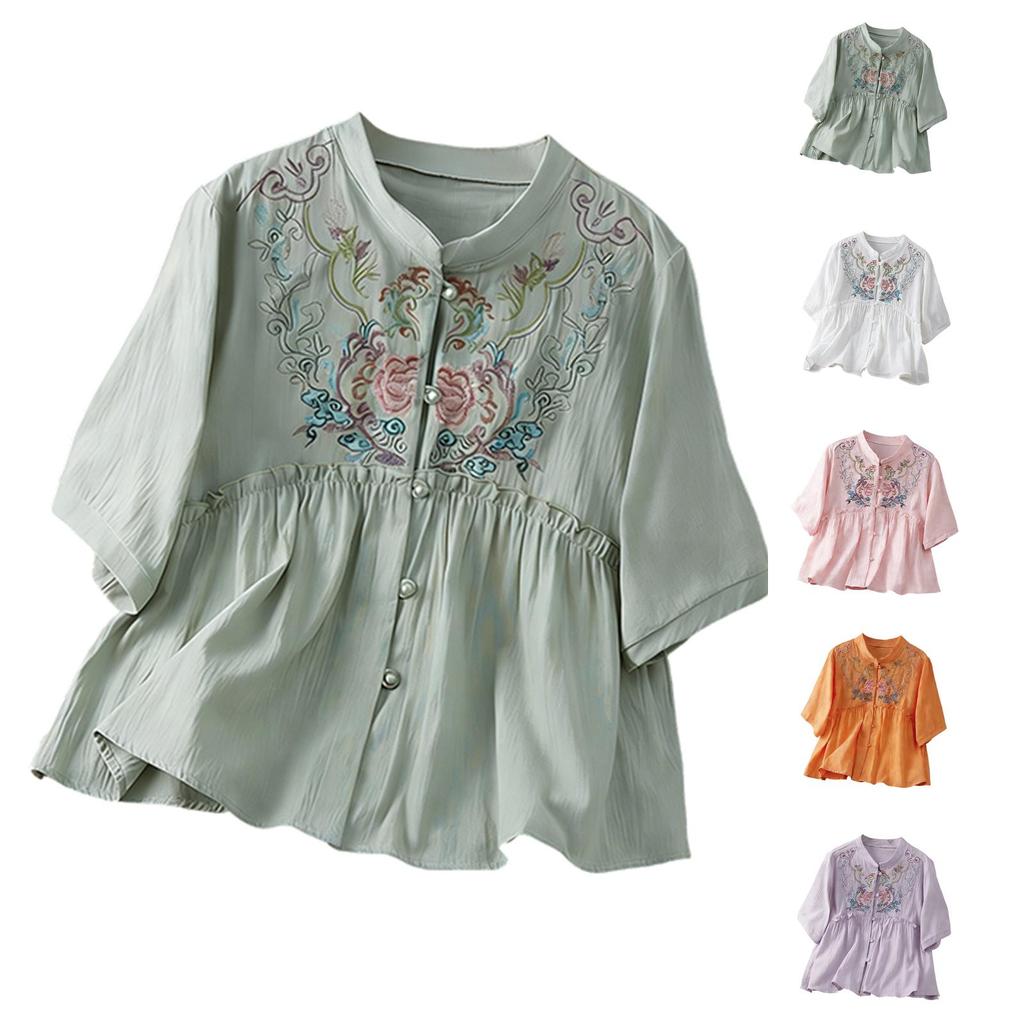 Women's Retro Loose Fit Linen Cotton Blouse With Buttons And Embroidery