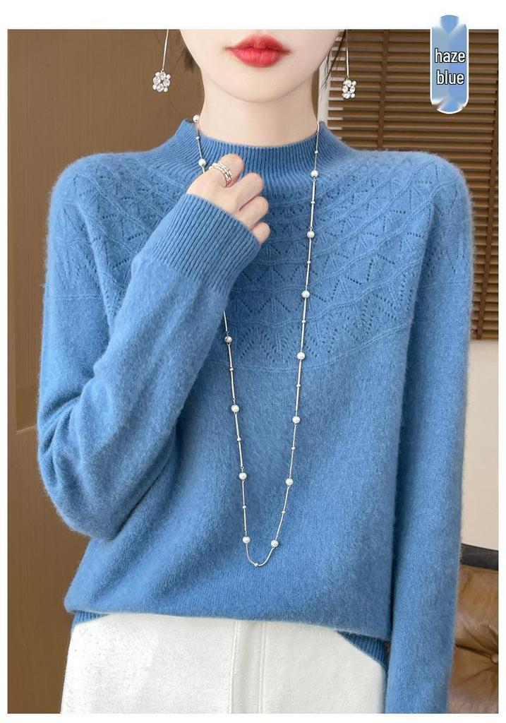 2025 Autumn/Winter Women's Half-High Collar Hollow Design Pure Wool Seamless Sweater Pullover
