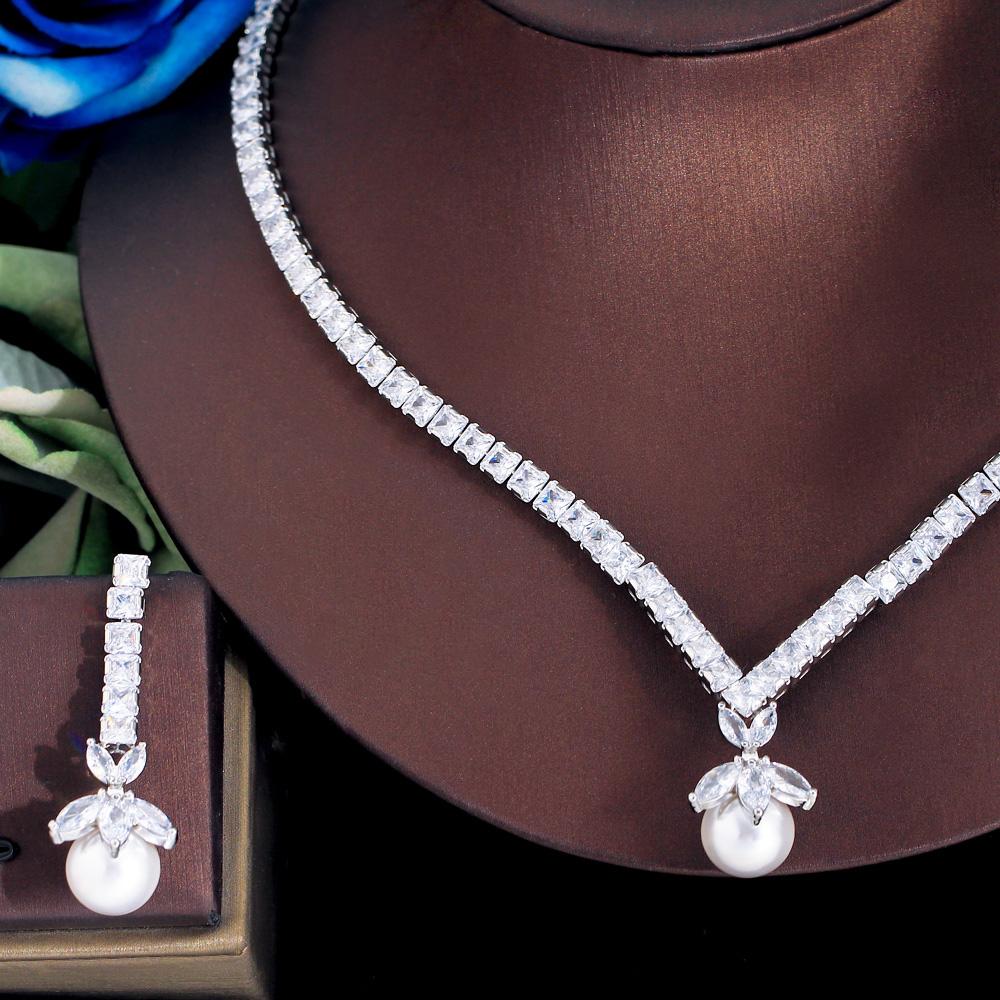 CMM Elegant Dangle Drop White Cubic Zirconia Women Party Necklace Earrings Artificial Pearl Jewelry Set