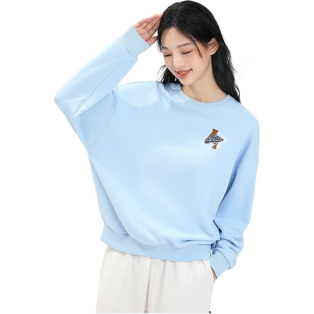 Anta Life Series Letter Logo Print Round Neck Pullover Sweatshirt Women sweatshirt Morning-Blue 162338724-4