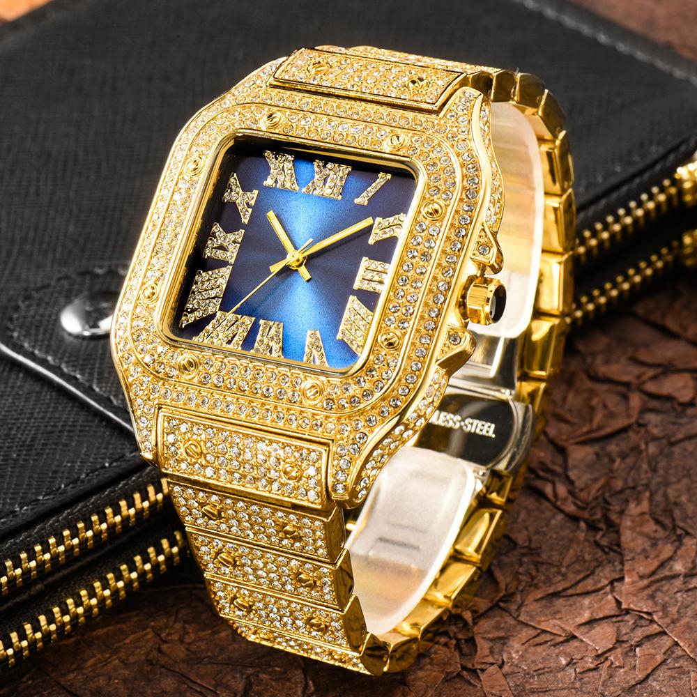 MISSFOX Luxury Diamond Watches for Men Hip Hop Style Bling Bling Iced Out Wristwatch Fashion Square Stainless Steel Waterproof Clock