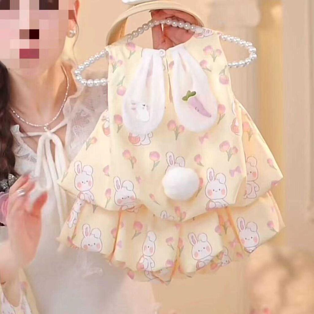 Trendy Cartoon Style Baby Girls Sleeveless Yellow Bunny Outfit Summer Set