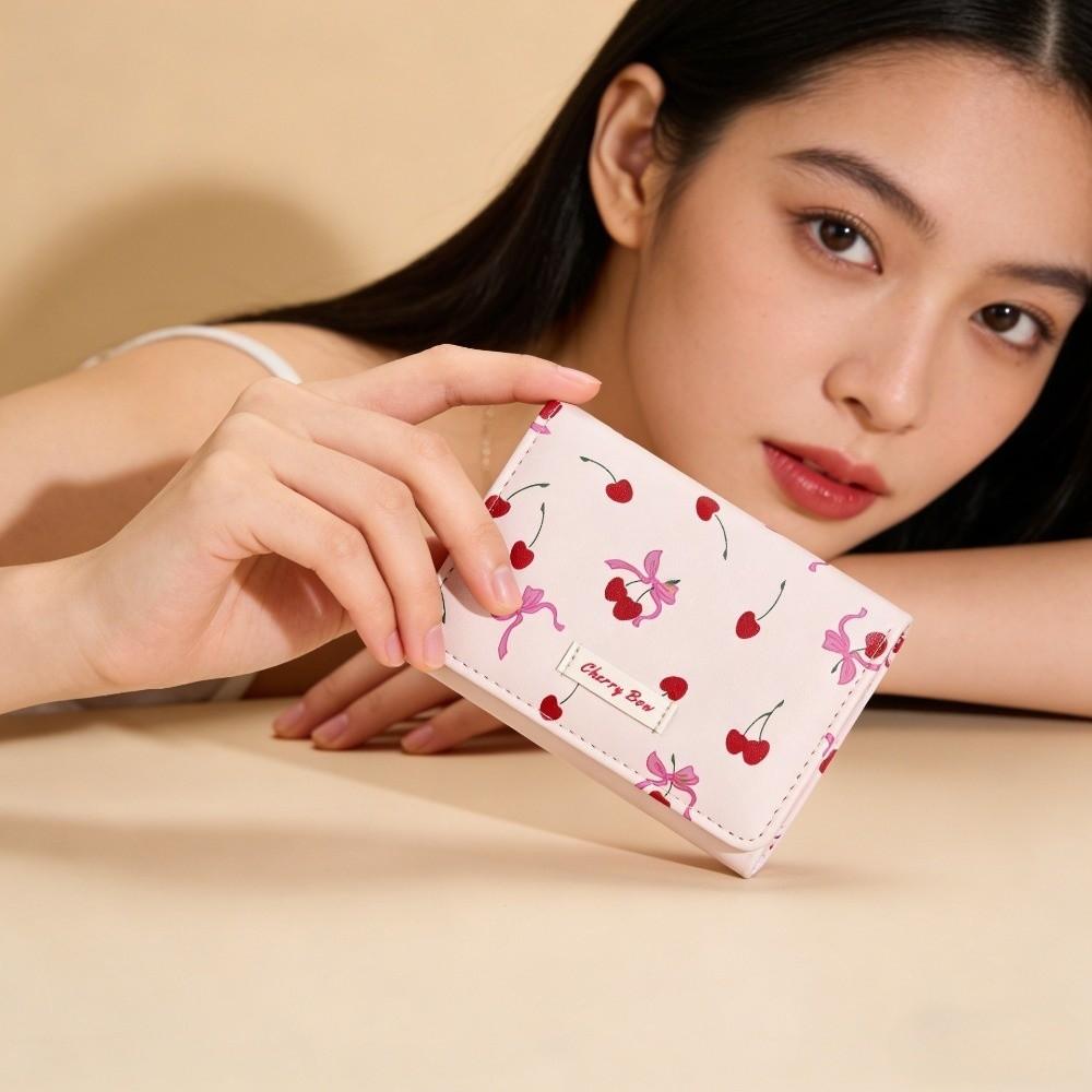 Cute Cherry Tri-fold Wallet Printing Korean Style PU Leather Wallet Folding Bow Card Holder Student