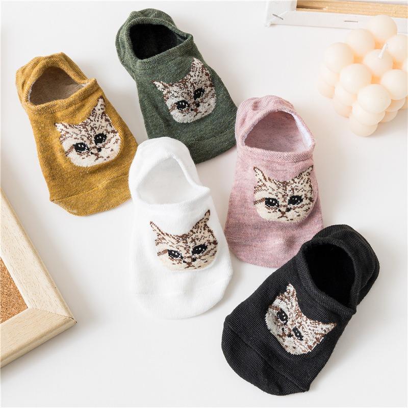 Female Spring and Summer Cotton Cute Cartoon Cat Head Anti Take Off Shallow Mouth Invisible Socks