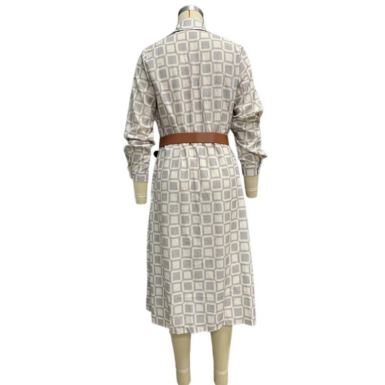 GMXIA Women's Fashion Spring Autumn Solid Color Print Long Sleeve POLO Neck High Waist Casual Dresses