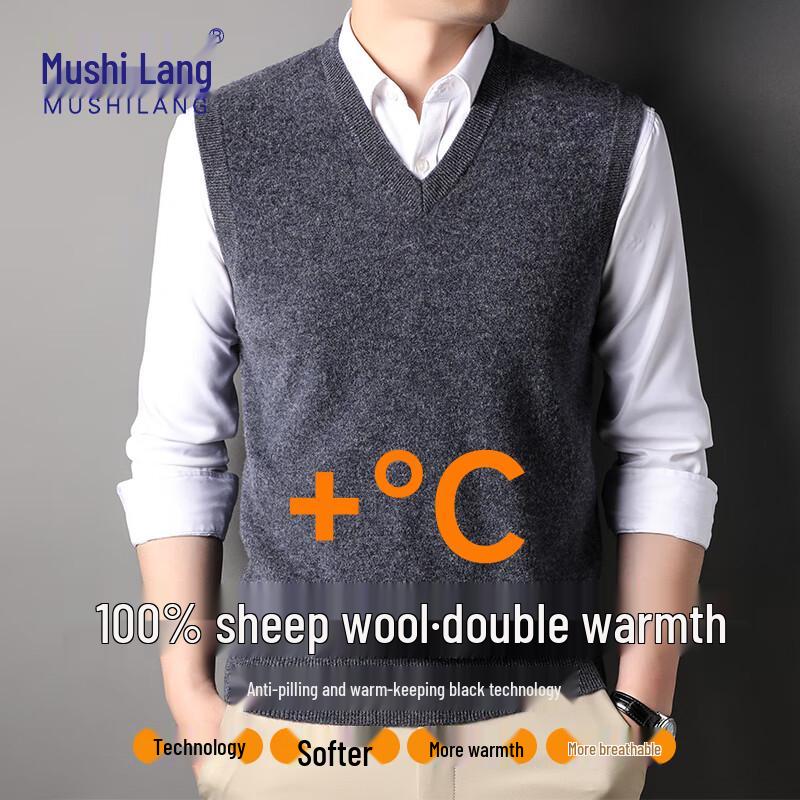 MUSHILANG Men's 100% Pure Wool V-Neck Pullover Vest