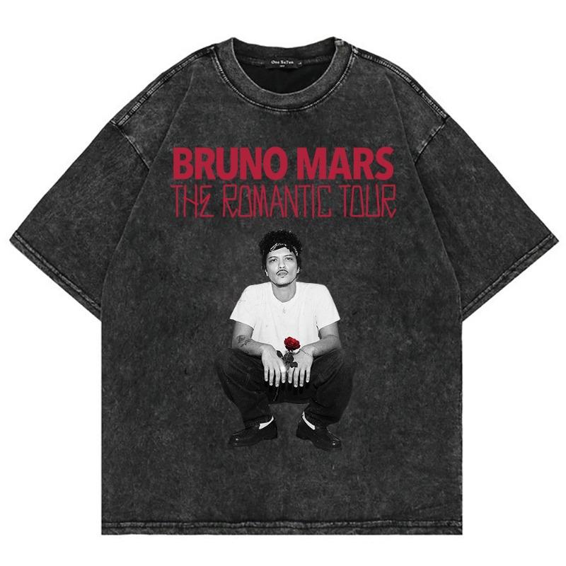 100% Cotton Vintage Washed Bruno Mars The Romantic Tour 2026 T Shirt Fashion Men/Women Retro Oversized Loose Acid Wash Tee Shirt