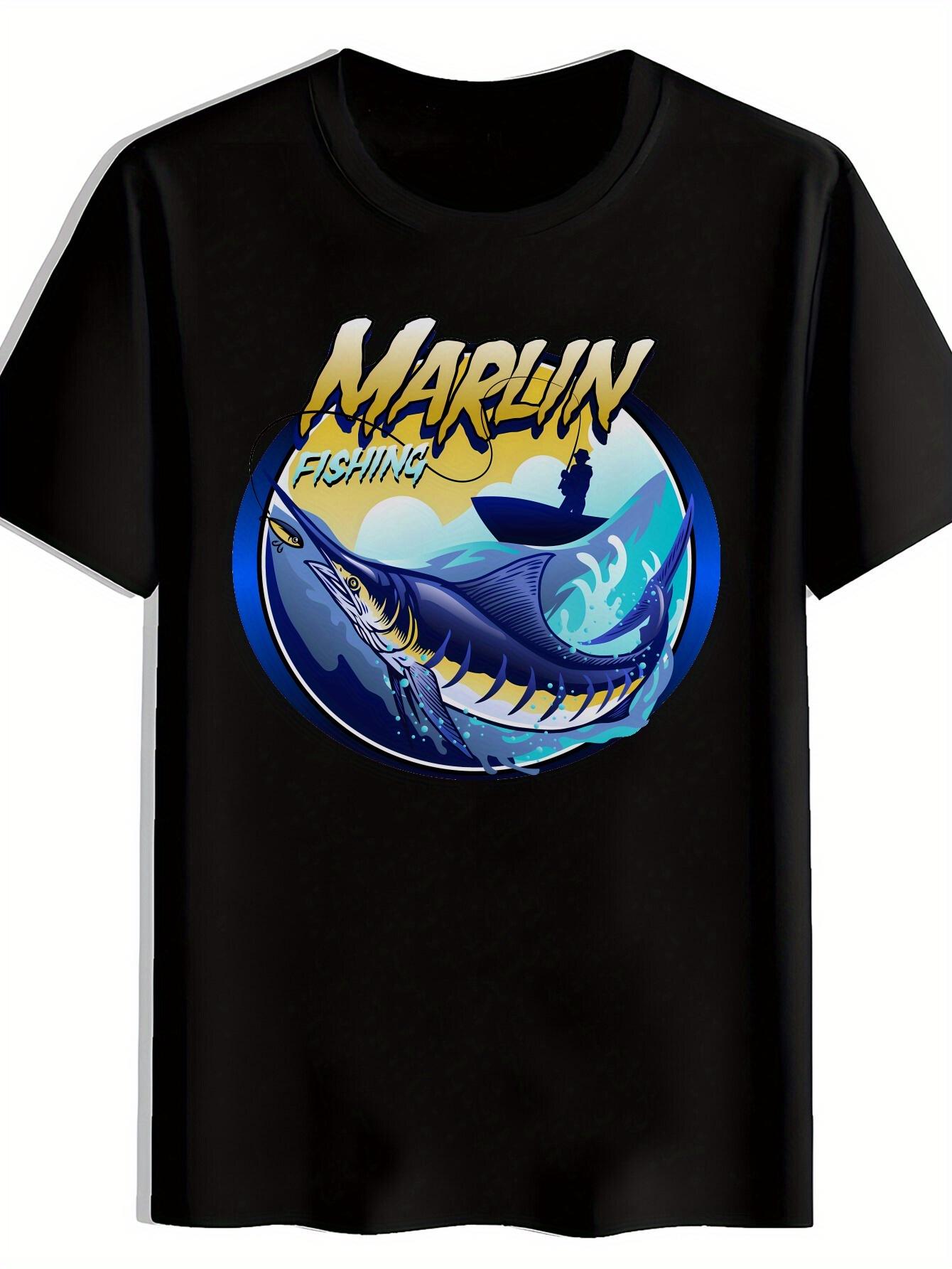 Marlin Fishing Graphic T-shirt - Black Casual Short Sleeve Tee with Bold Fish Print L