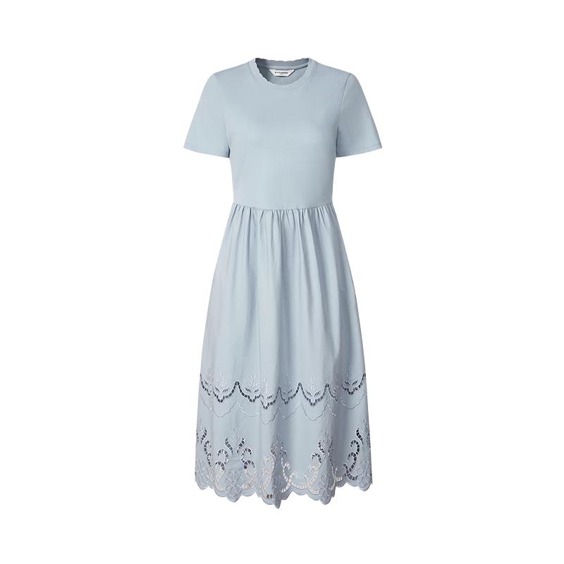 Elegant Beaded Round Neck Hollow-Out Embroidered Waist-Cinching Summer Dress S