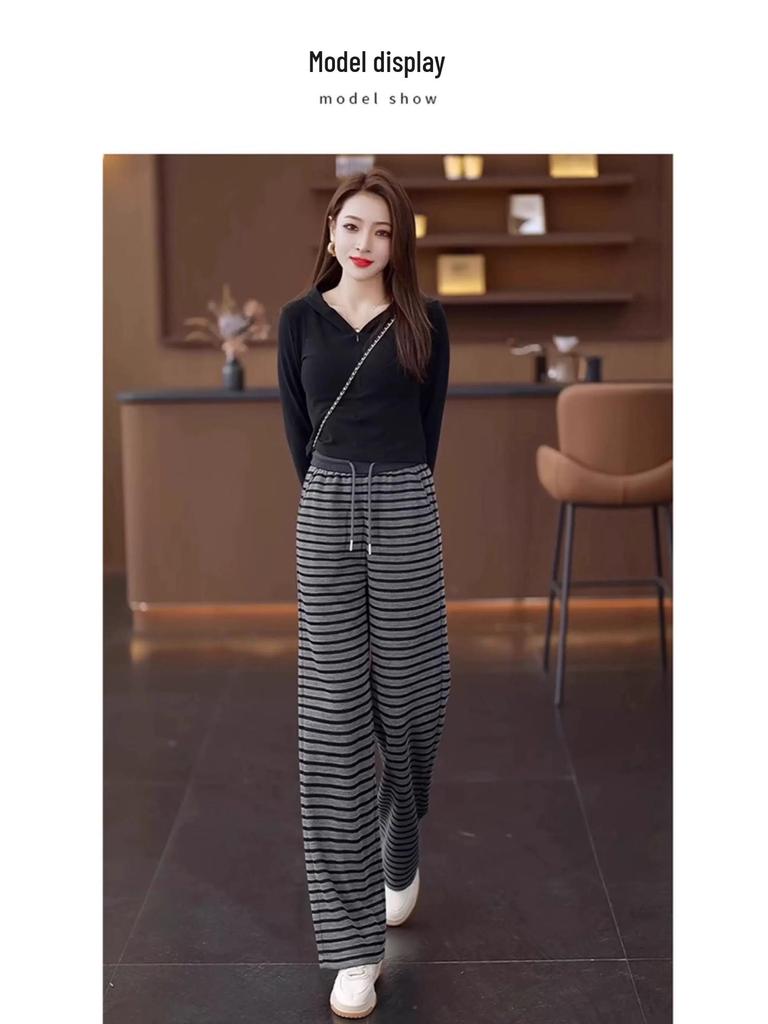 Women's Striped Elastic Waist Wide-Leg Knitted Pants, Slim-Fit Casual, Spring/Autumn 2025.